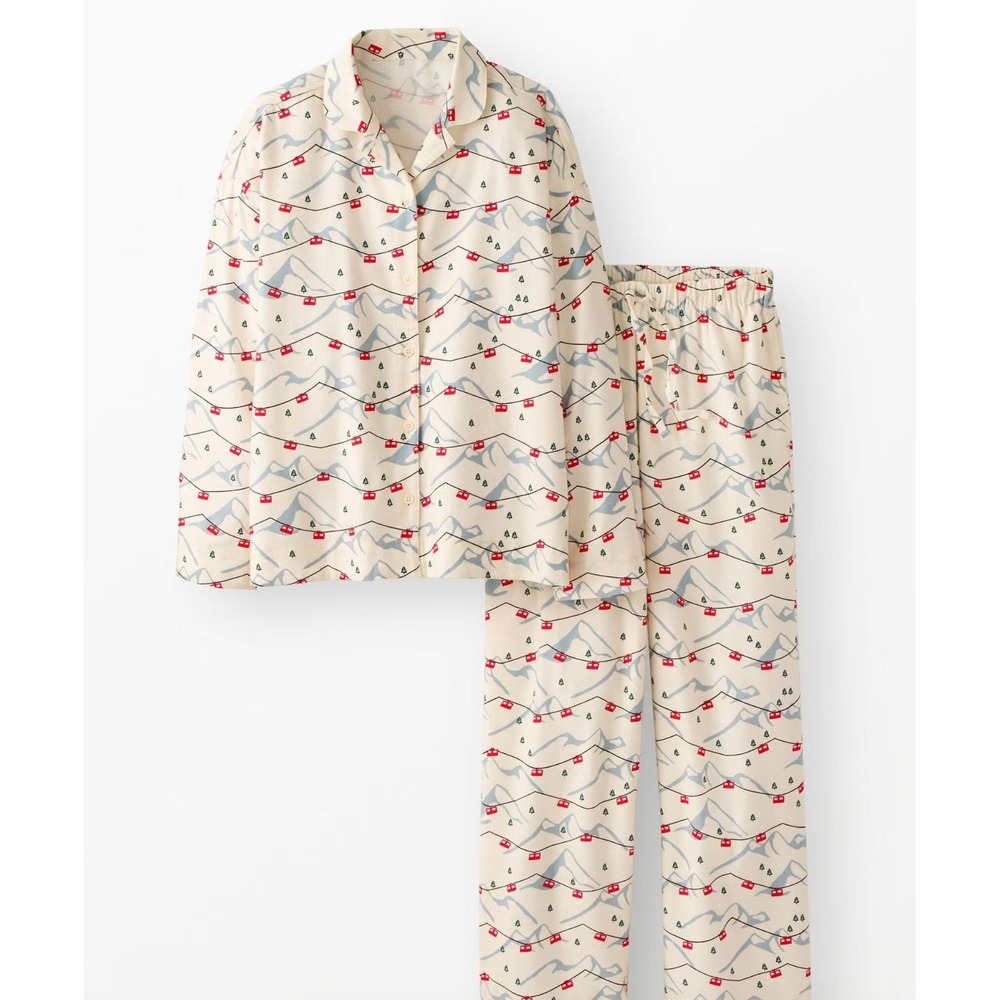 Hanna Andersson Holiday Flannel Gondola Print Pajama Set Womens L Cream NEW
